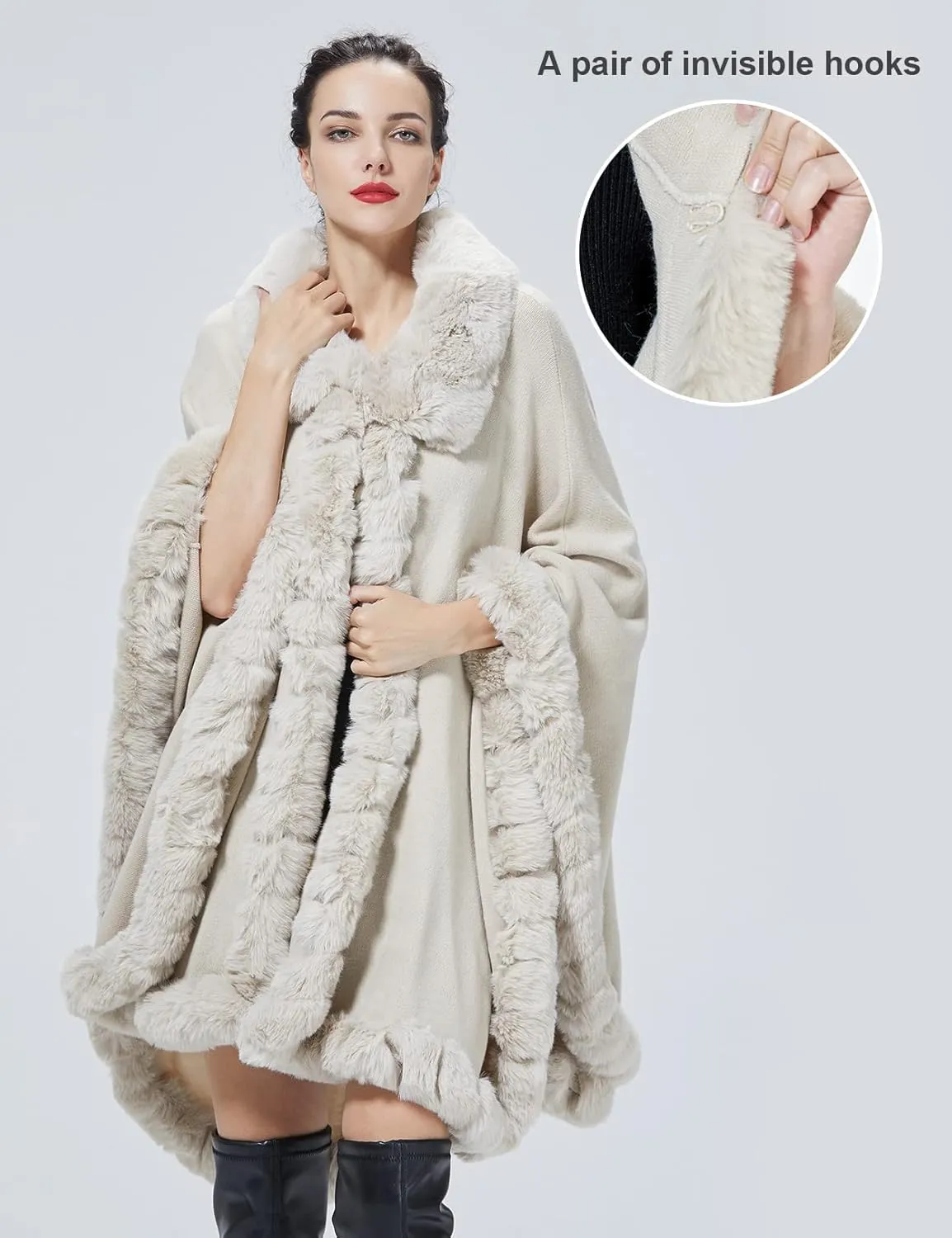 Poncho Shawl Wrap Winter Faux Fur Cape Cloak Coat with Faux Fur Trim Sleeveless Cardigan for Party