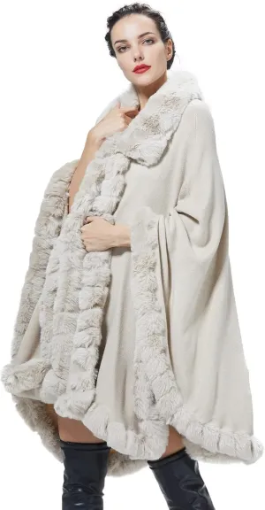 Poncho Shawl Wrap Winter Faux Fur Cape Cloak Coat with Faux Fur Trim Sleeveless Cardigan for Party