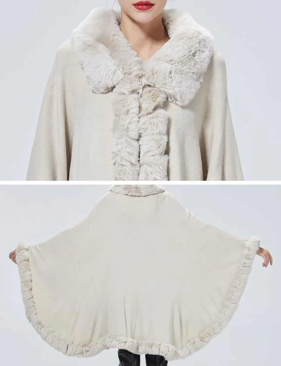 Poncho Shawl Wrap Winter Faux Fur Cape Cloak Coat with Faux Fur Trim Sleeveless Cardigan for Party