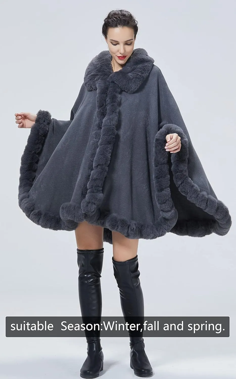 Poncho Shawl Wrap Winter Faux Fur Cape Cloak Coat with Faux Fur Trim Sleeveless Cardigan for Party