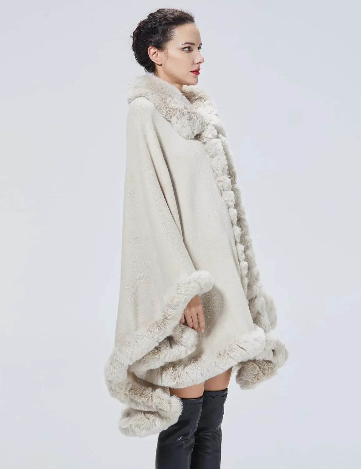 Poncho Shawl Wrap Winter Faux Fur Cape Cloak Coat with Faux Fur Trim Sleeveless Cardigan for Party