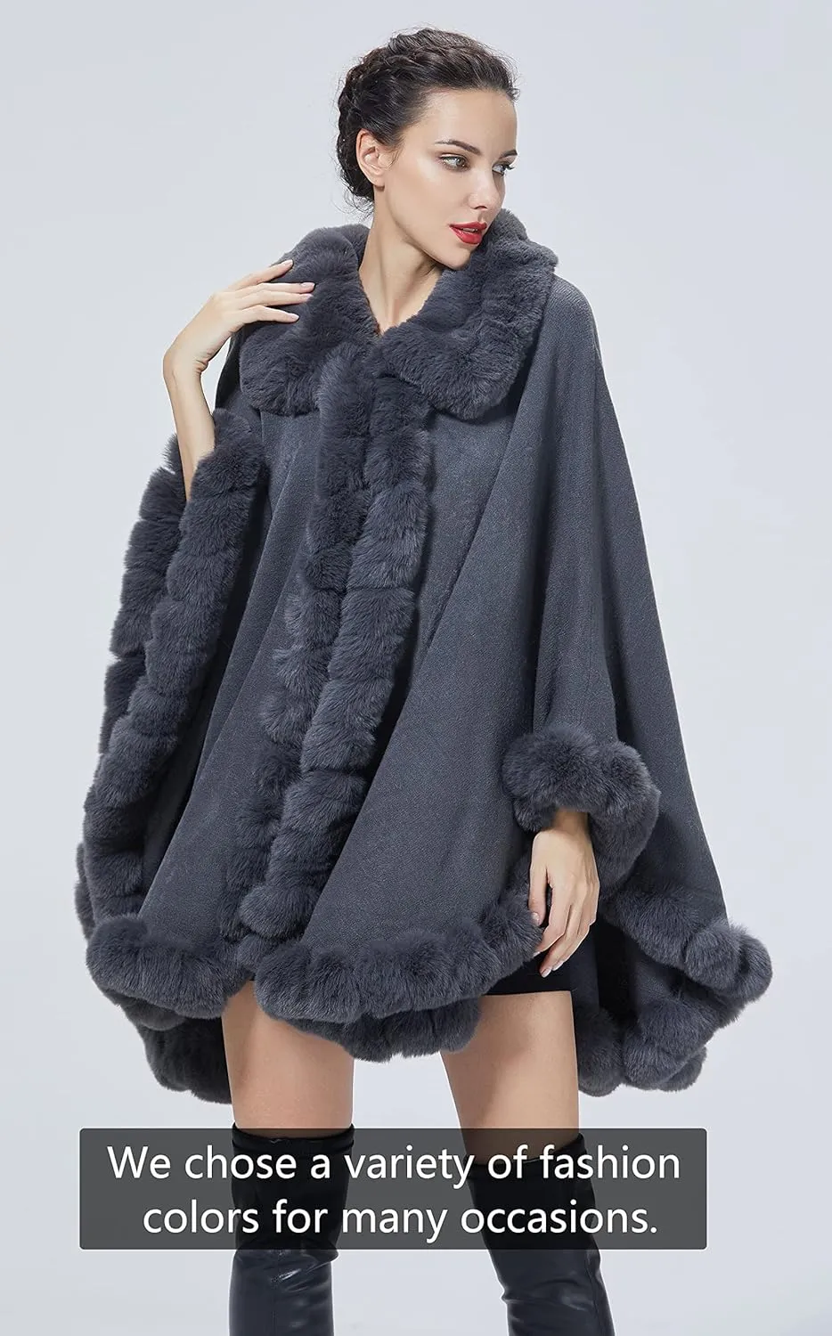 Poncho Shawl Wrap Winter Faux Fur Cape Cloak Coat with Faux Fur Trim Sleeveless Cardigan for Party