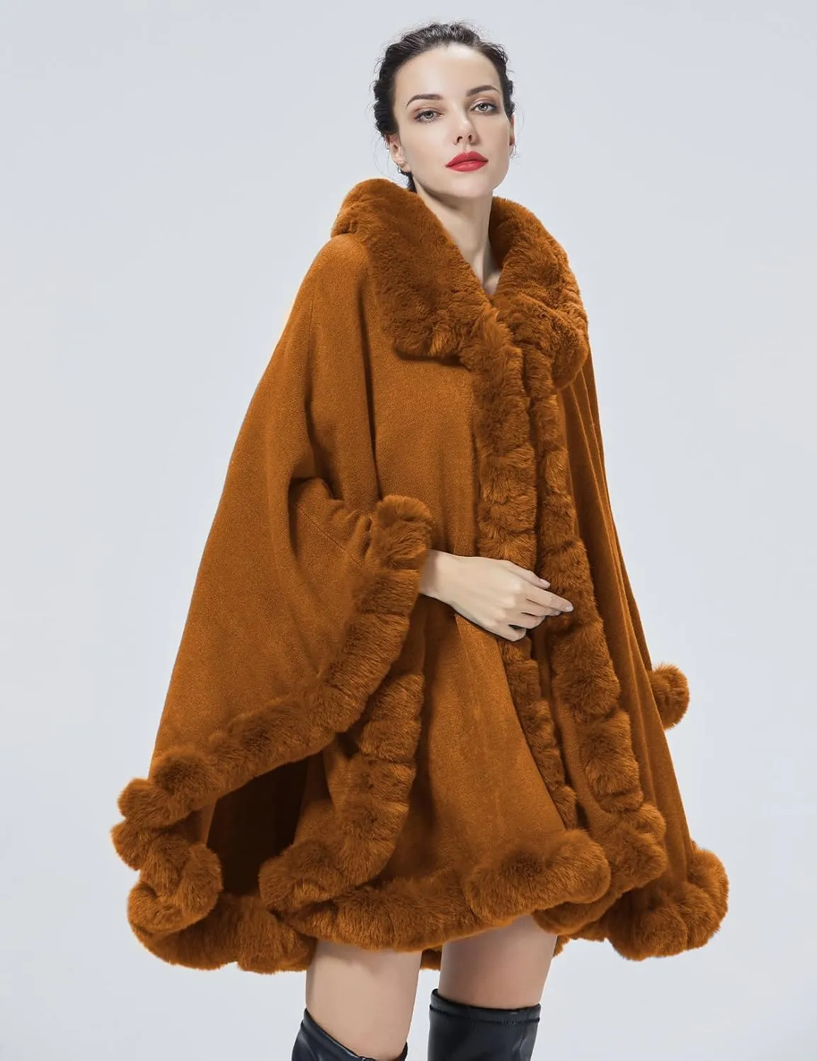 Poncho Shawl Wrap Winter Faux Fur Cape Cloak Coat with Faux Fur Trim Sleeveless Cardigan for Party