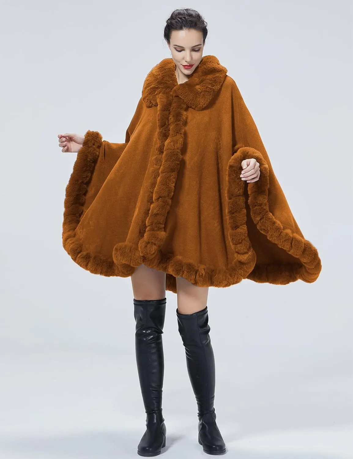 Poncho Shawl Wrap Winter Faux Fur Cape Cloak Coat with Faux Fur Trim Sleeveless Cardigan for Party