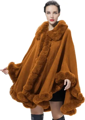 Poncho Shawl Wrap Winter Faux Fur Cape Cloak Coat with Faux Fur Trim Sleeveless Cardigan for Party