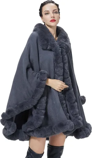 Poncho Shawl Wrap Winter Faux Fur Cape Cloak Coat with Faux Fur Trim Sleeveless Cardigan for Party
