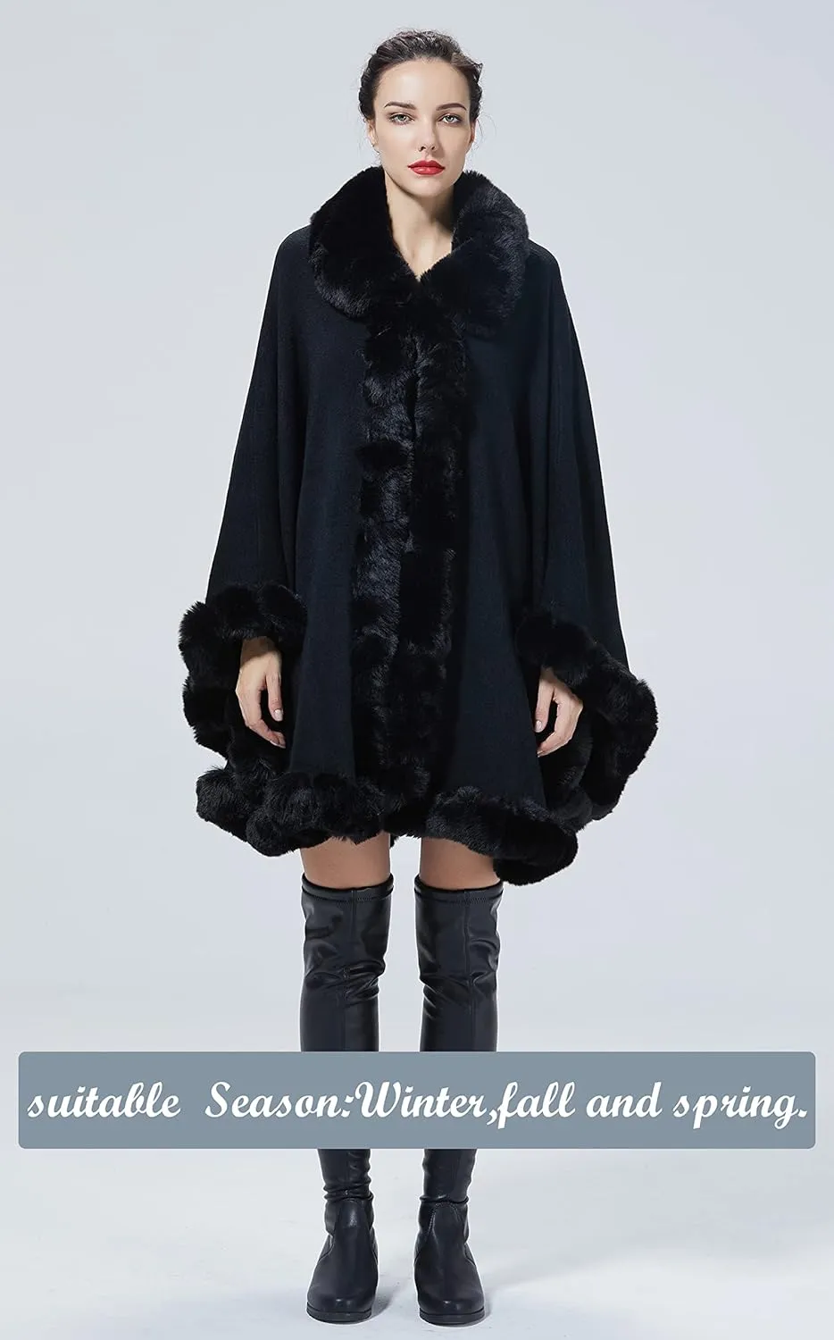 Poncho Shawl Wrap Winter Faux Fur Cape Cloak Coat with Faux Fur Trim Sleeveless Cardigan for Party