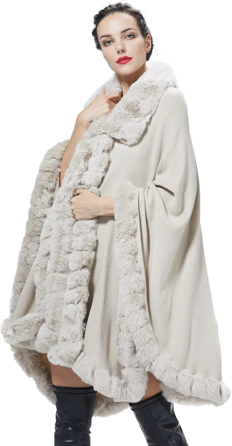 Poncho Shawl Wrap Winter Faux Fur Cape Cloak Coat with Faux Fur Trim Sleeveless Cardigan for Party