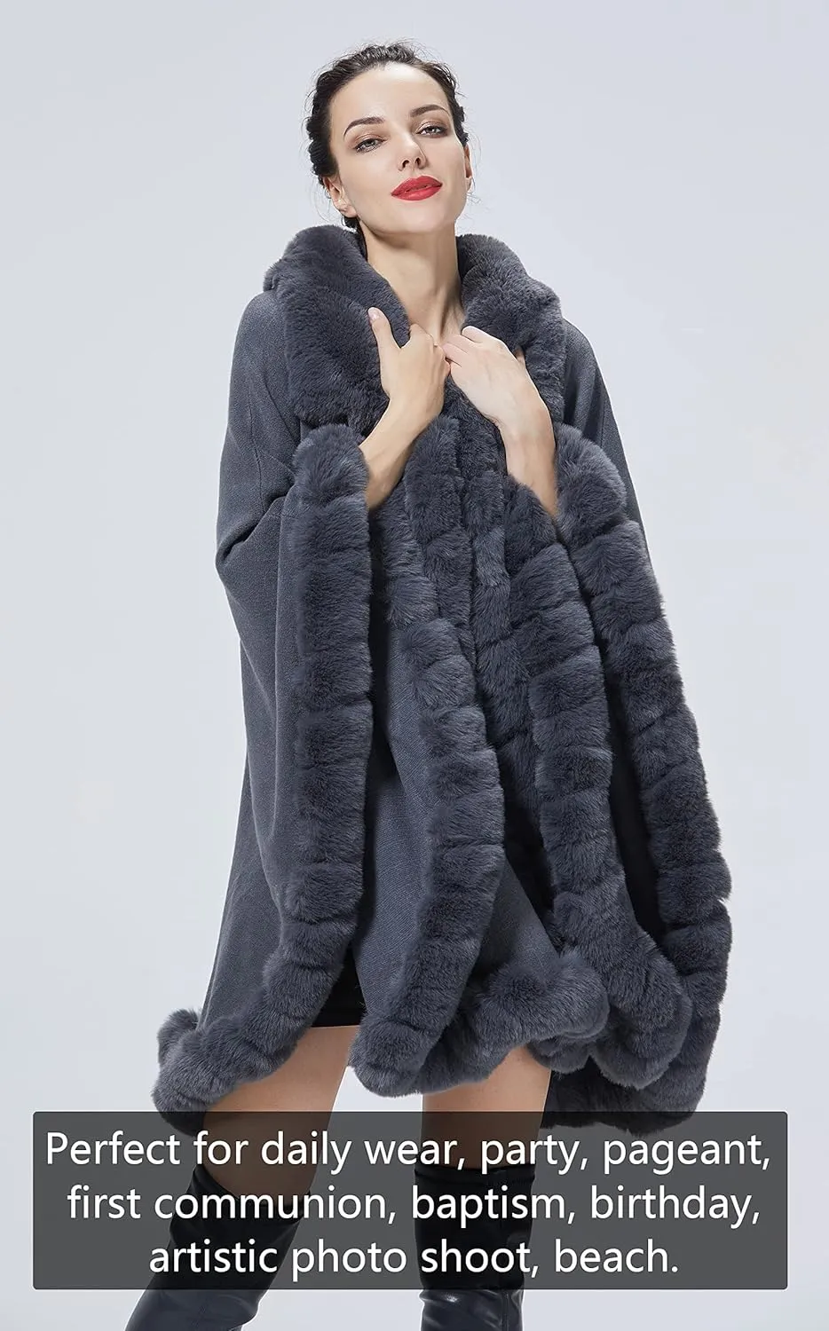 Poncho Shawl Wrap Winter Faux Fur Cape Cloak Coat with Faux Fur Trim Sleeveless Cardigan for Party