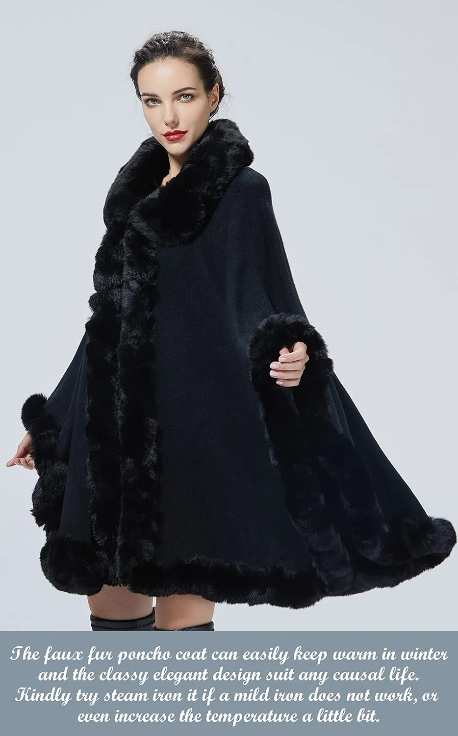 Poncho Shawl Wrap Winter Faux Fur Cape Cloak Coat with Faux Fur Trim Sleeveless Cardigan for Party