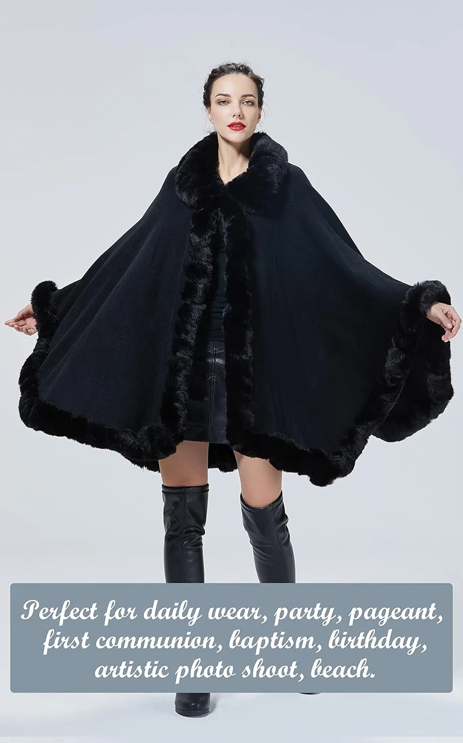 Poncho Shawl Wrap Winter Faux Fur Cape Cloak Coat with Faux Fur Trim Sleeveless Cardigan for Party