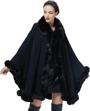 Poncho Shawl Wrap Winter Faux Fur Cape Cloak Coat with Faux Fur Trim Sleeveless Cardigan for Party