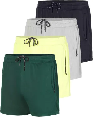 Real Essentials 4 Pack: Men's 3 Inch Mesh Running Short Shorts with Zipper Pockets - Quick Dry Gym Athletic