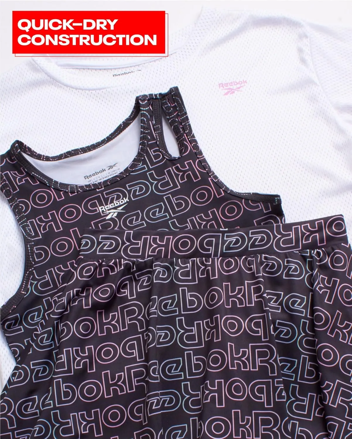 Reebok Girls' Active Skirt Set - 3 Piece Mesh T-Shirt, Crop Tank Top, and Athletic Skort - Girls Summer Activewear Set (7-12)