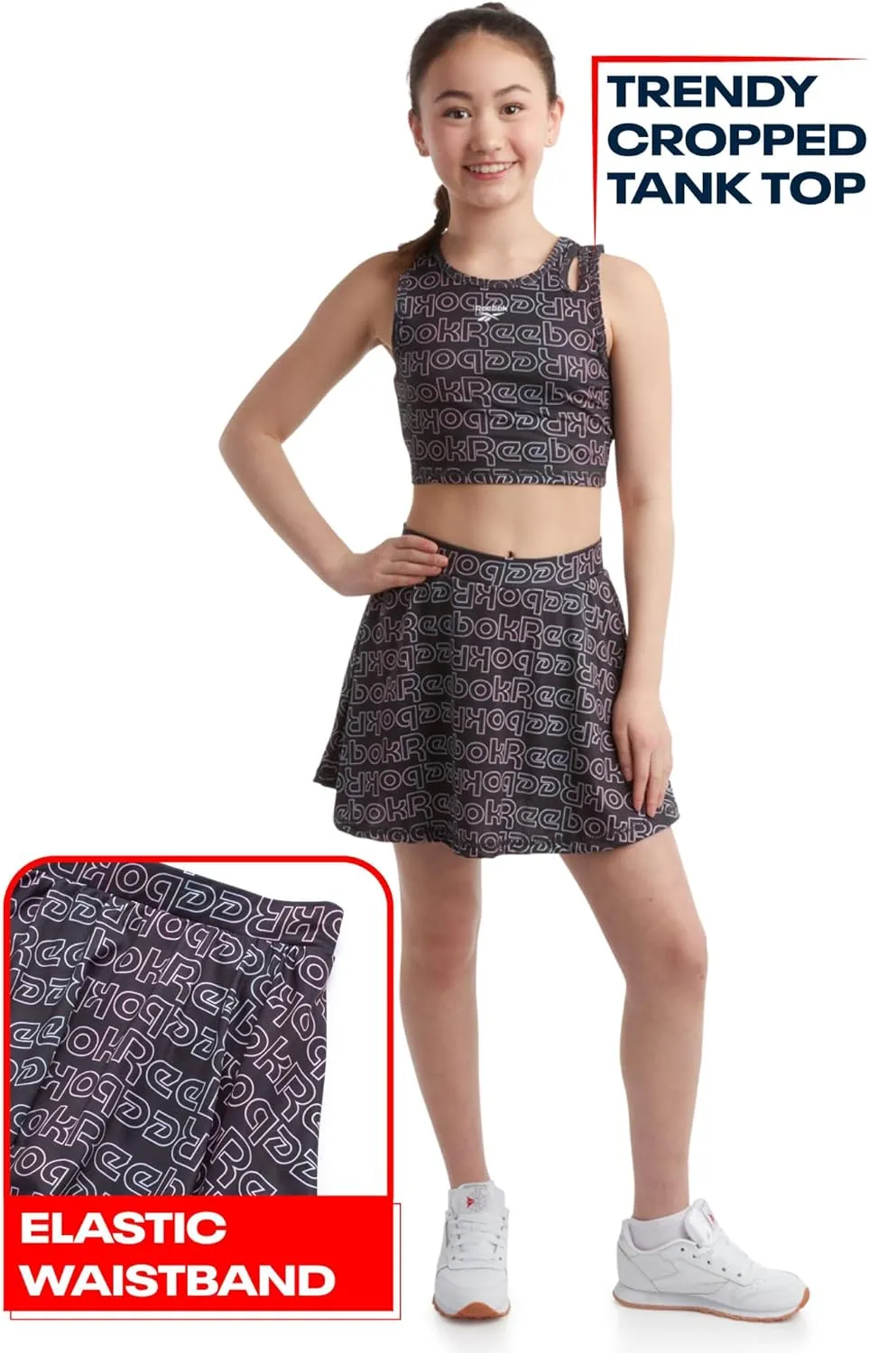 Reebok Girls' Active Skirt Set - 3 Piece Mesh T-Shirt, Crop Tank Top, and Athletic Skort - Girls Summer Activewear Set (7-12)