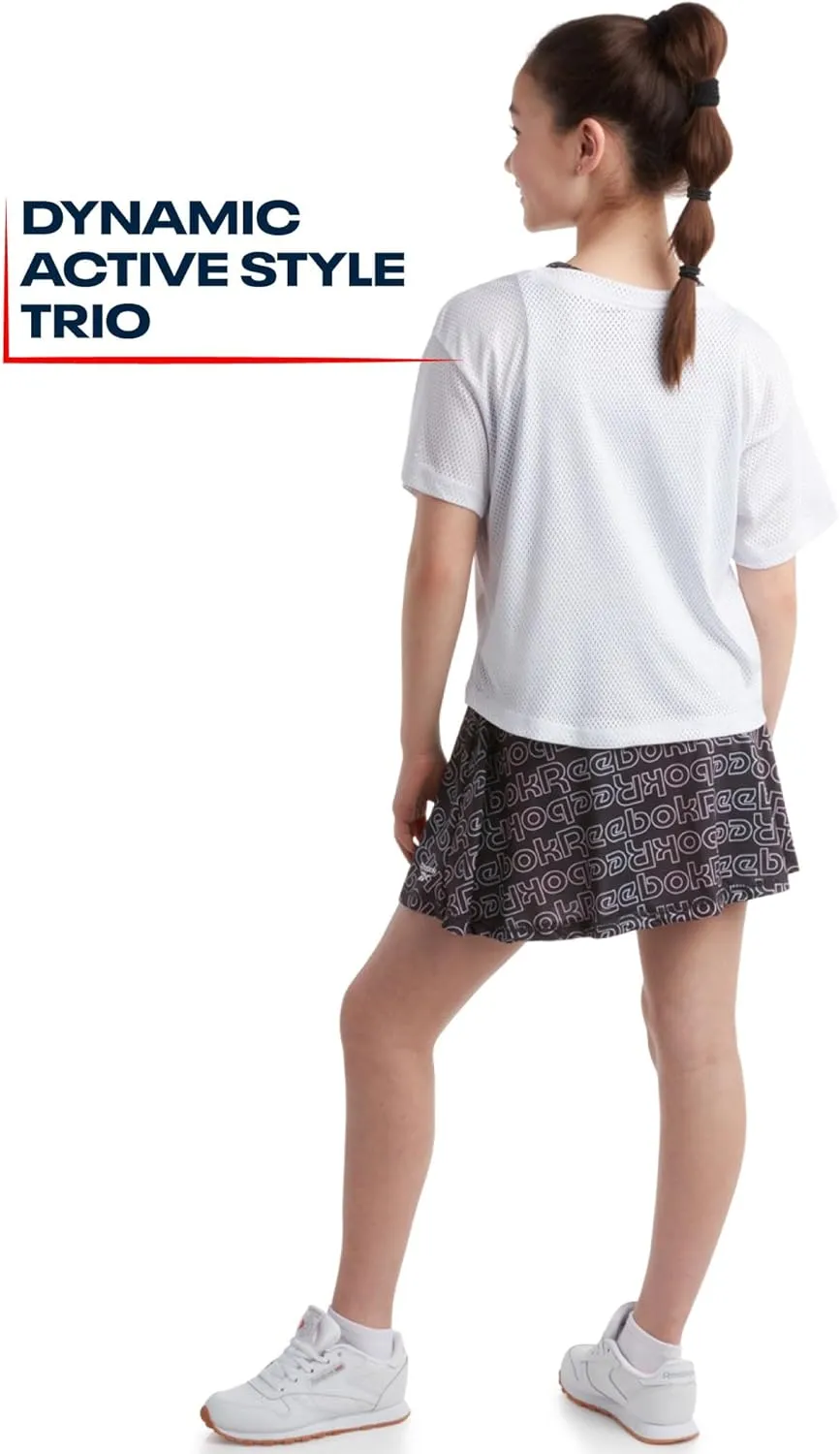 Reebok Girls' Active Skirt Set - 3 Piece Mesh T-Shirt, Crop Tank Top, and Athletic Skort - Girls Summer Activewear Set (7-12)