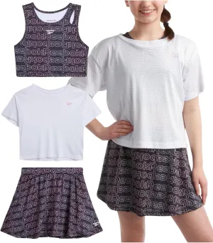 Reebok Girls' Active Skirt Set - 3 Piece Mesh T-Shirt, Crop Tank Top, and Athletic Skort - Girls Summer Activewear Set (7-12)
