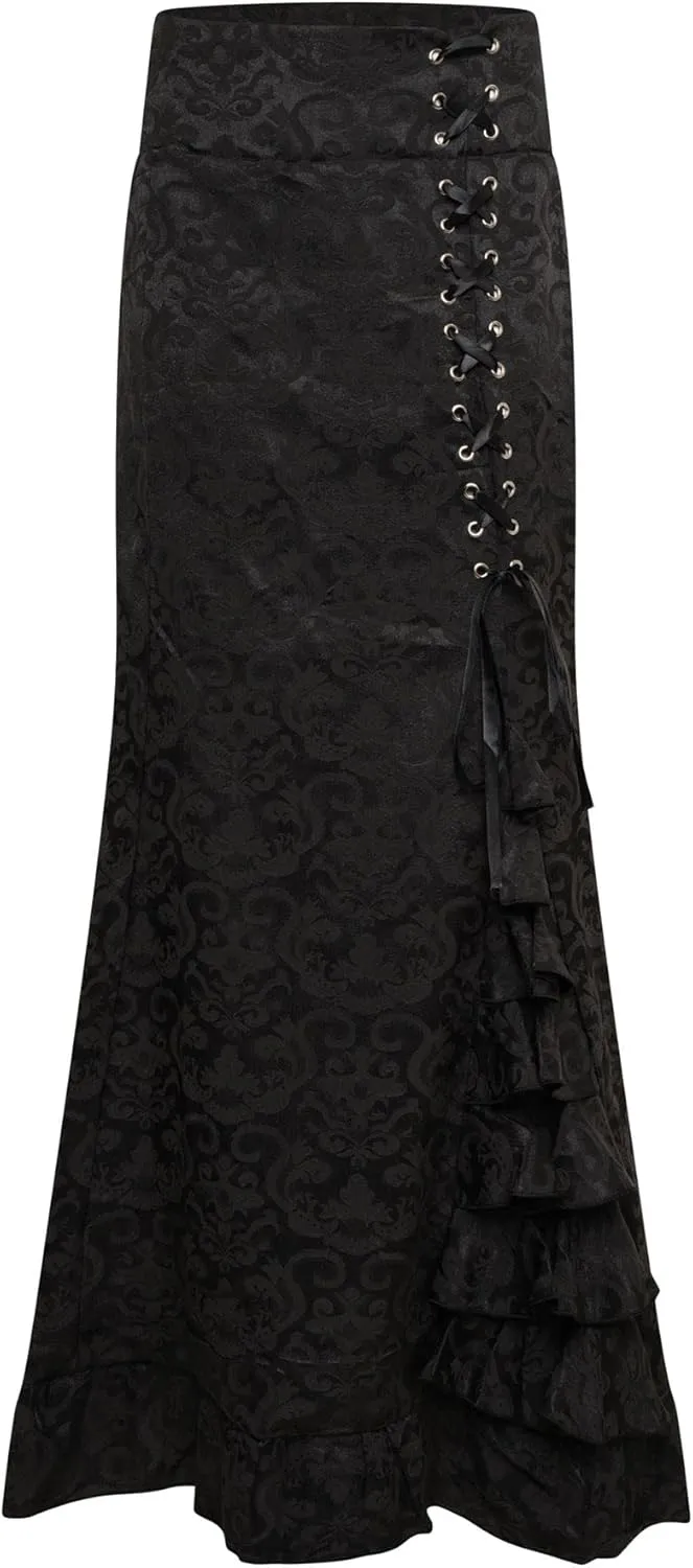 Ro Rox Kathleen Brocade Lace-Up Skirt with Mermaid Ruffle, Jacquard Gothic Maxi Skirt for Women, Black, XL