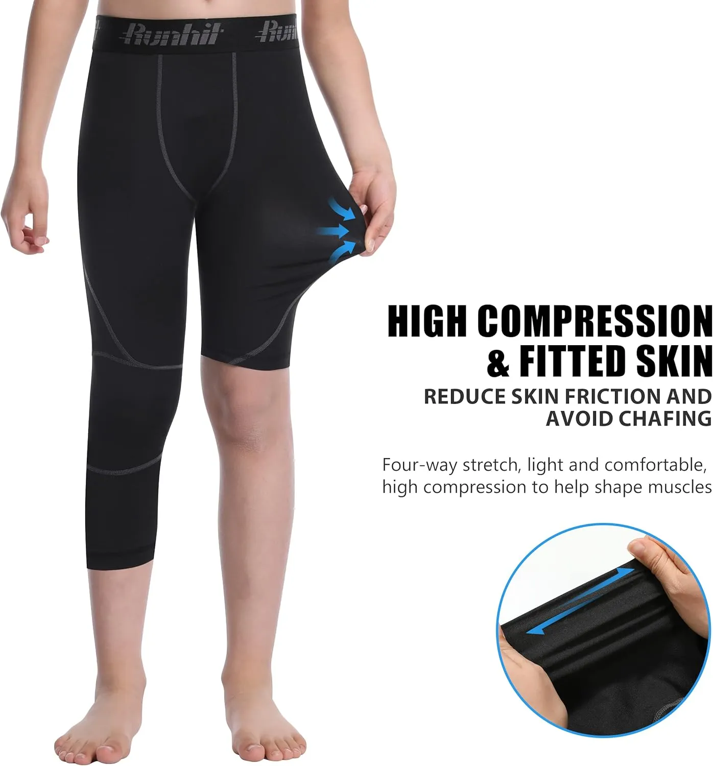Runhit 3/4 One Leg Boys Compression Leggings,Athletic Tights Basketball Compression Pants,Youth Boys Base Layer Pants