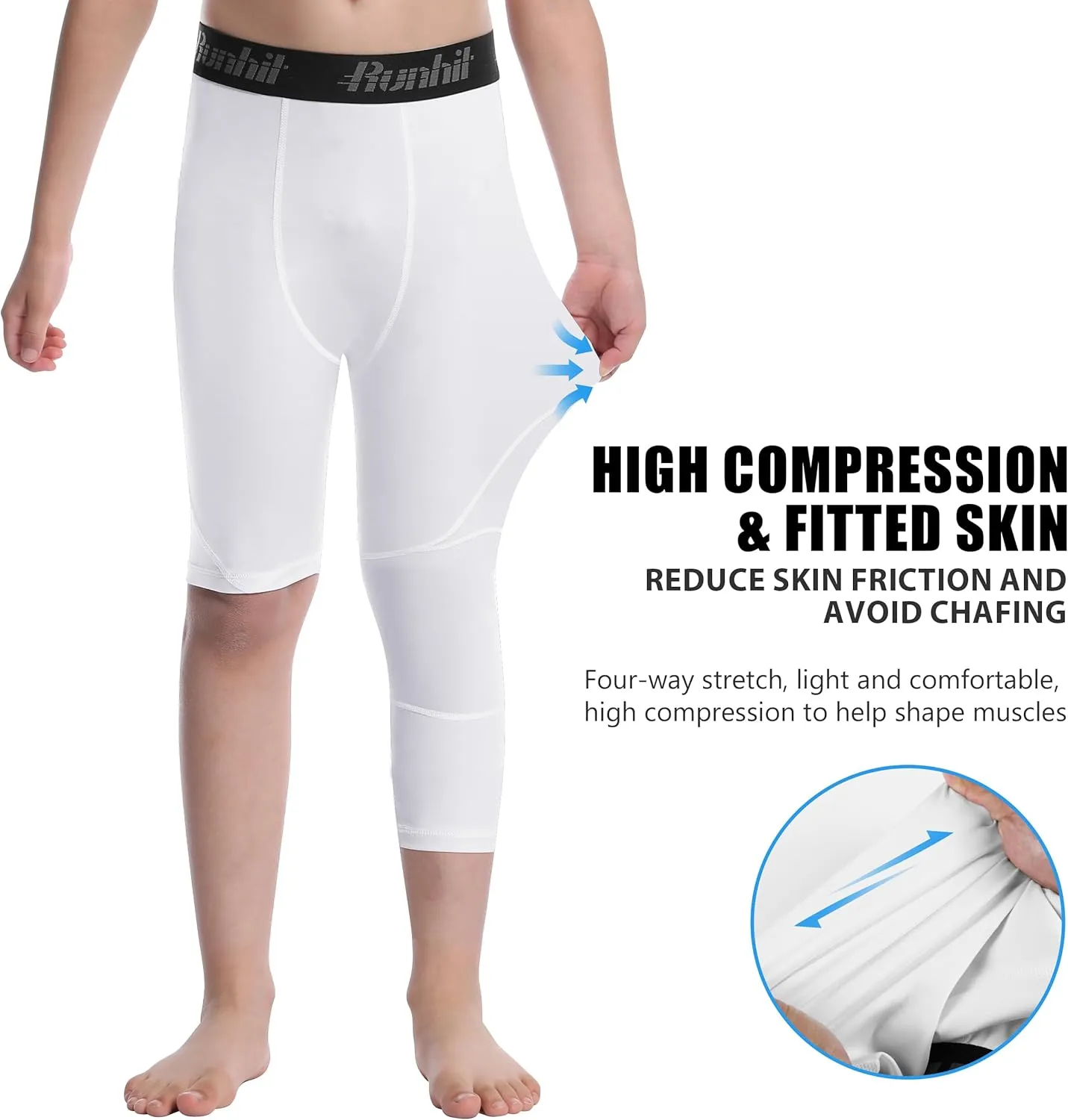 Runhit 3/4 One Leg Boys Compression Leggings,Athletic Tights Basketball Compression Pants,Youth Boys Base Layer Pants