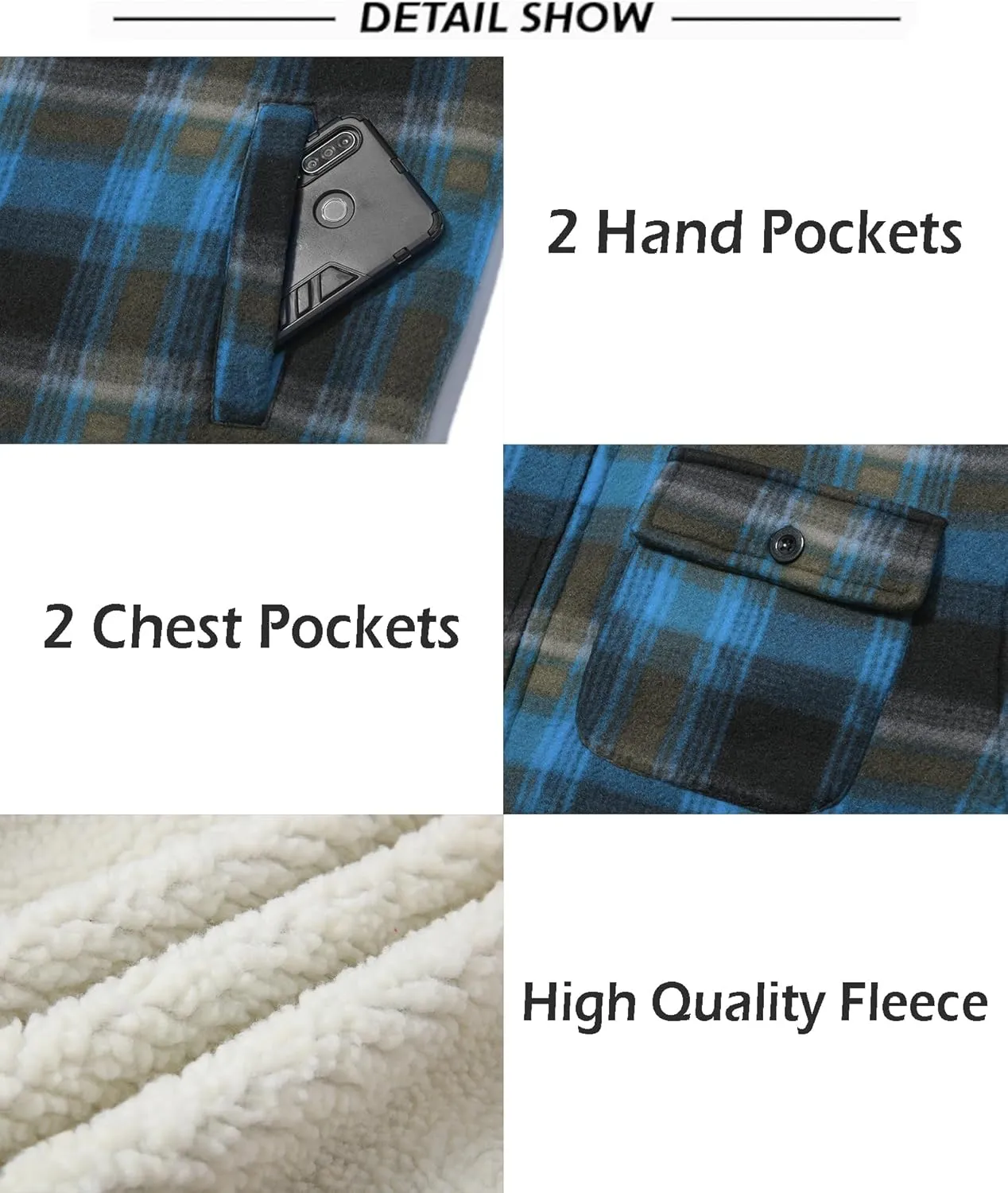 SCODI Men's Flannel Shirt Jacket Fleece Sherpa Lined Plaid Jackets Coat Full Zip Up Hoodie Winter Outwear