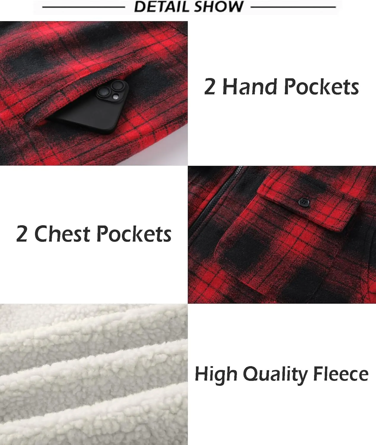 SCODI Men's Flannel Shirt Jacket Fleece Sherpa Lined Plaid Jackets Coat Full Zip Up Hoodie Winter Outwear