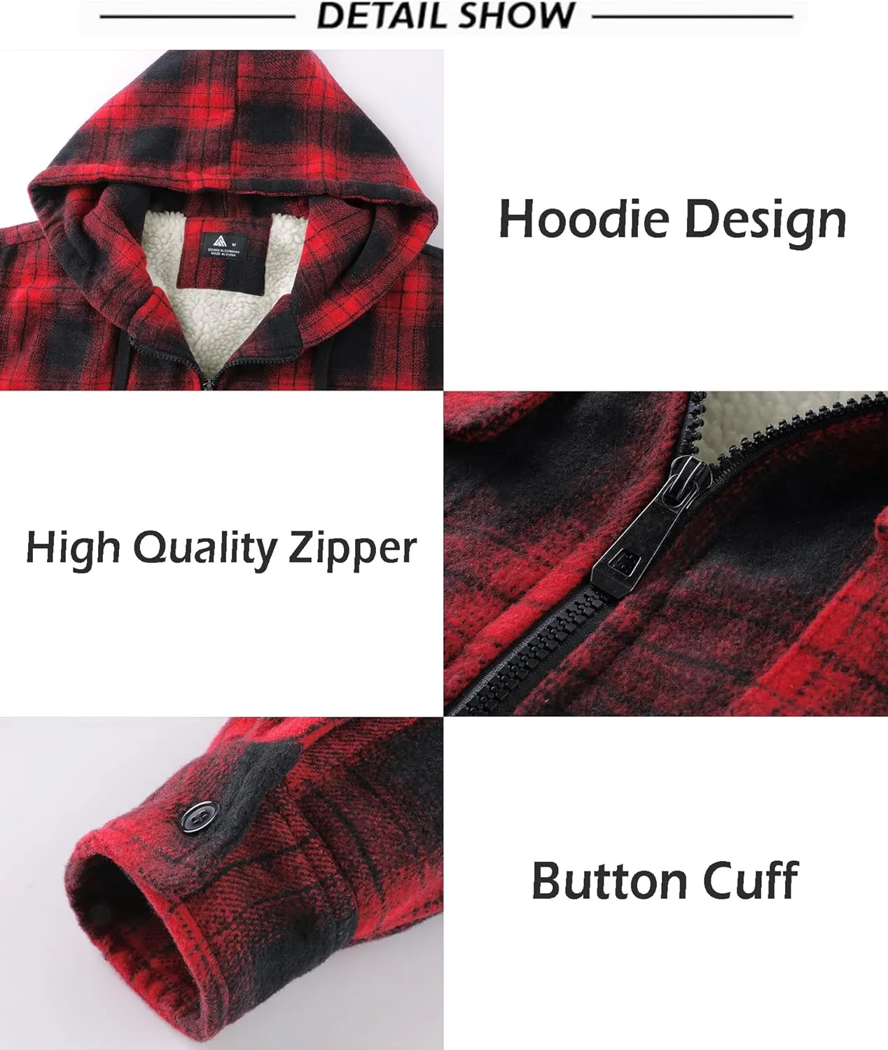 SCODI Men's Flannel Shirt Jacket Fleece Sherpa Lined Plaid Jackets Coat Full Zip Up Hoodie Winter Outwear
