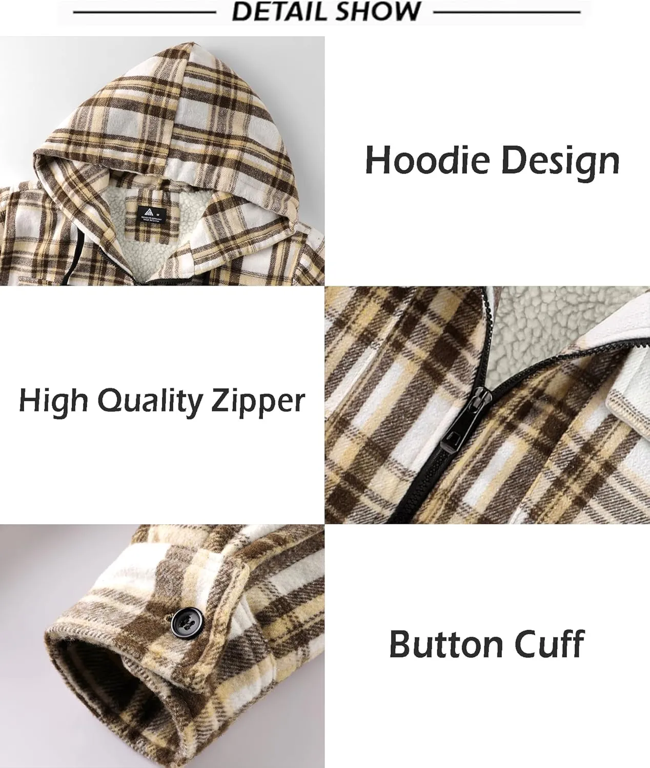 SCODI Men's Flannel Shirt Jacket Fleece Sherpa Lined Plaid Jackets Coat Full Zip Up Hoodie Winter Outwear