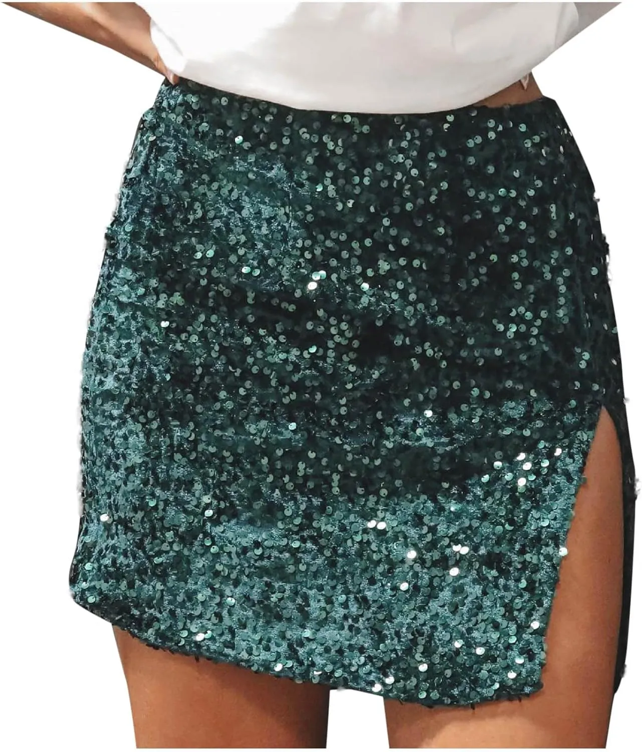 Sequin Bodycon Skirt Women Sparkly Metallic Sequin Mini Bodycon Skirt Club Party Dance Outfits Sexy Slit Pencil Skort