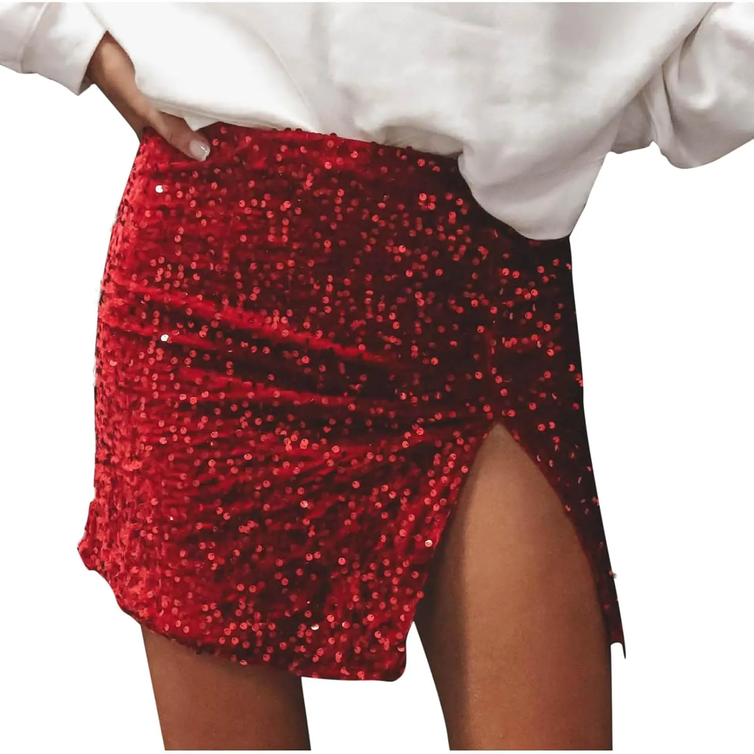 Sequin Bodycon Skirt Women Sparkly Metallic Sequin Mini Bodycon Skirt Club Party Dance Outfits Sexy Slit Pencil Skort