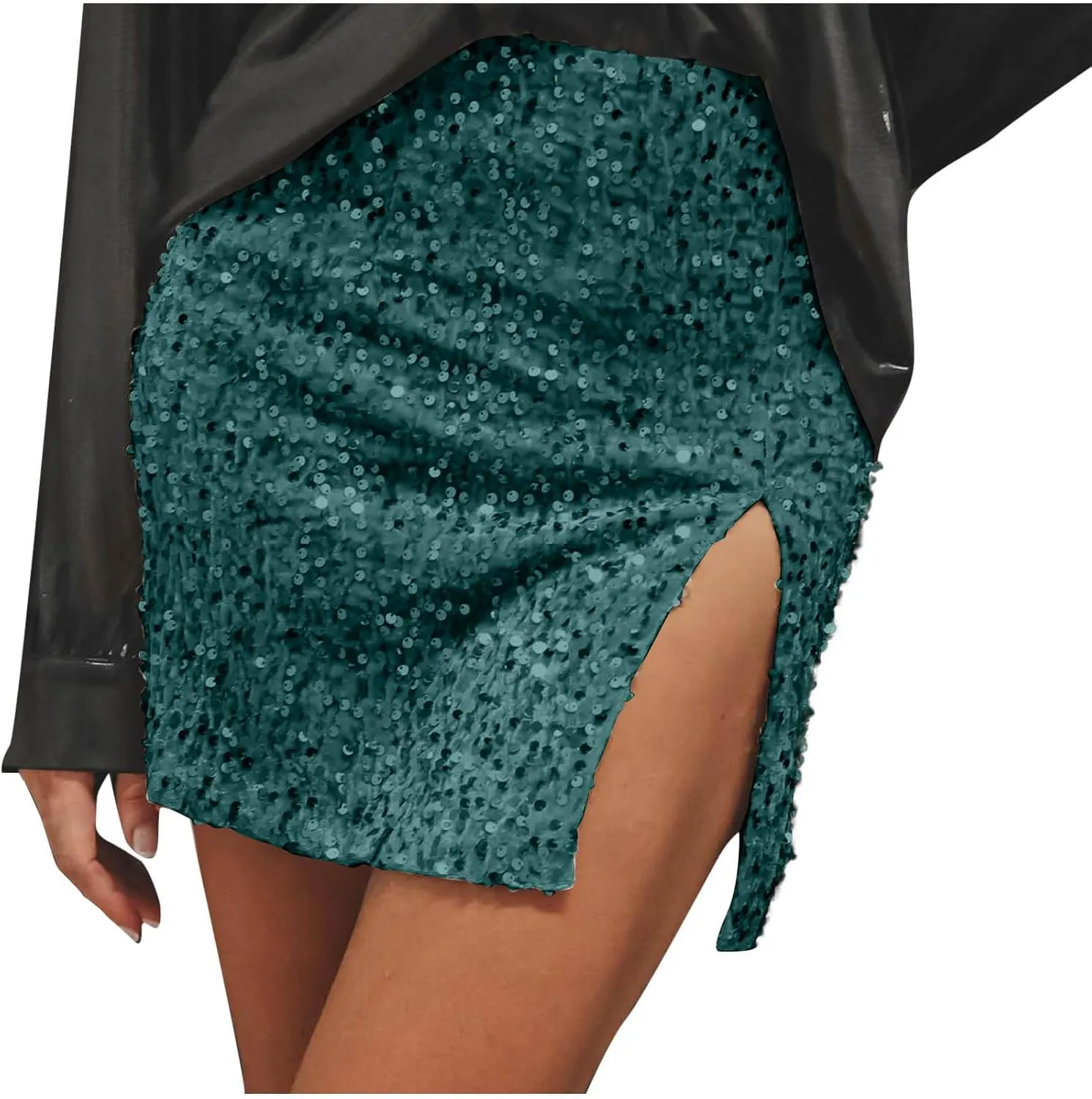 Sequin Bodycon Skirt Women Sparkly Metallic Sequin Mini Bodycon Skirt Club Party Dance Outfits Sexy Slit Pencil Skort
