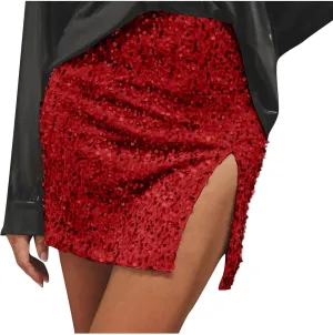 Sequin Bodycon Skirt Women Sparkly Metallic Sequin Mini Bodycon Skirt Club Party Dance Outfits Sexy Slit Pencil Skort