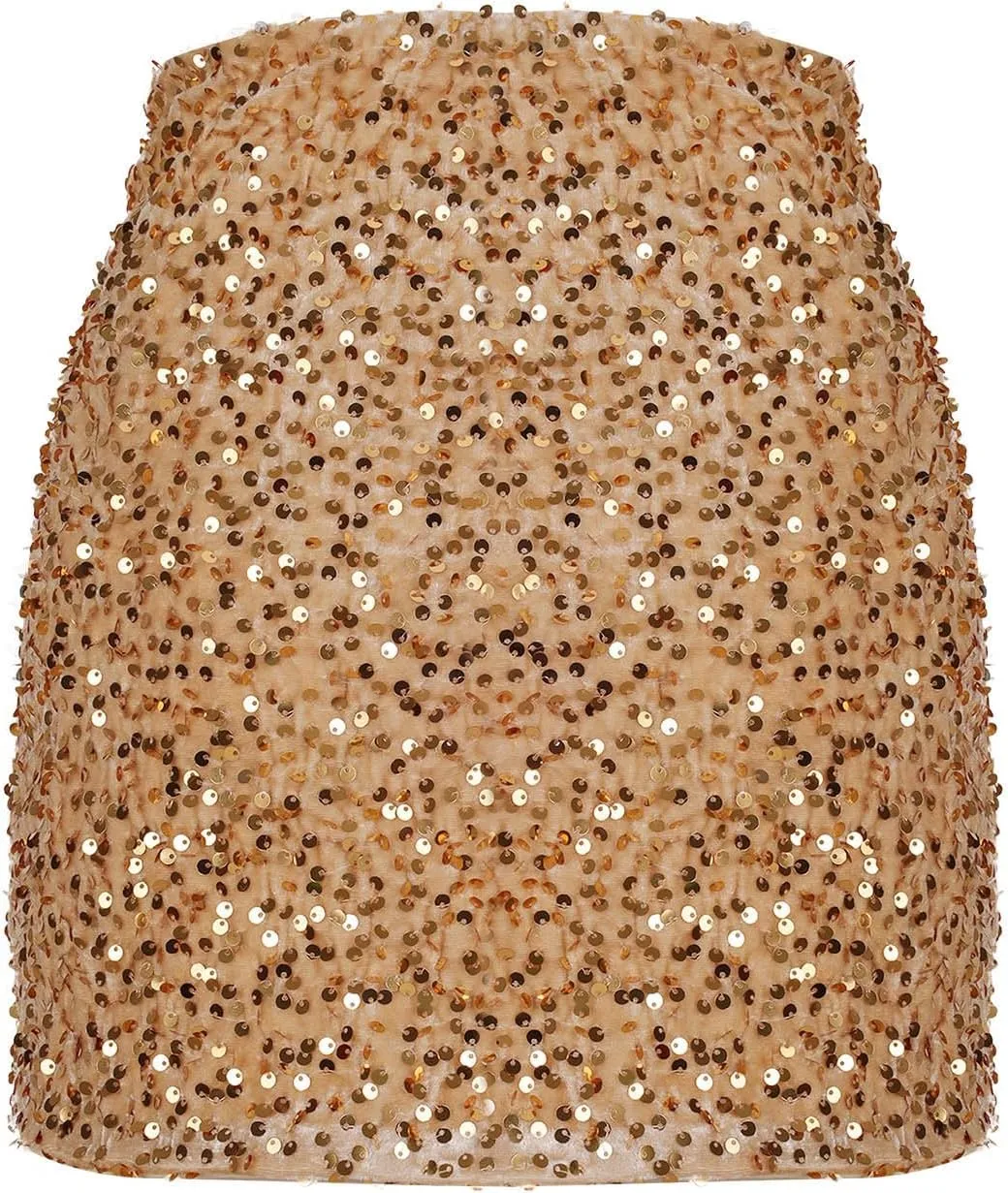 Sequin Bodycon Skirt Women Sparkly Metallic Sequin Mini Bodycon Skirt Club Party Dance Outfits Sexy Slit Pencil Skort