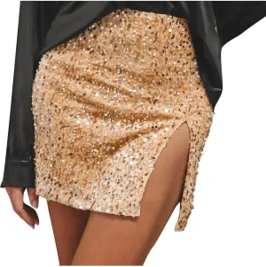 Sequin Bodycon Skirt Women Sparkly Metallic Sequin Mini Bodycon Skirt Club Party Dance Outfits Sexy Slit Pencil Skort