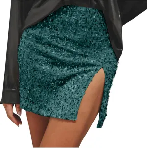 Sequin Bodycon Skirt Women Sparkly Metallic Sequin Mini Bodycon Skirt Club Party Dance Outfits Sexy Slit Pencil Skort