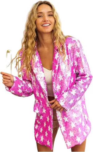 Sequin Star Pattern Blazer, Hot Pink