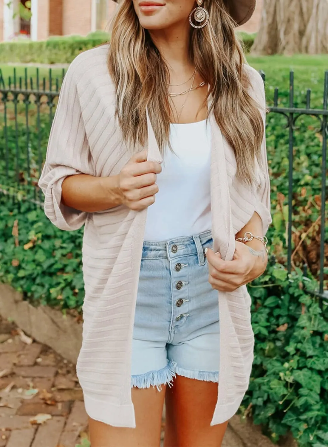 SHEWIN Women's Casual 3/4 Short Sleeve Open Front Lightweight Cable Knit Kimono Cardigan Sweaters