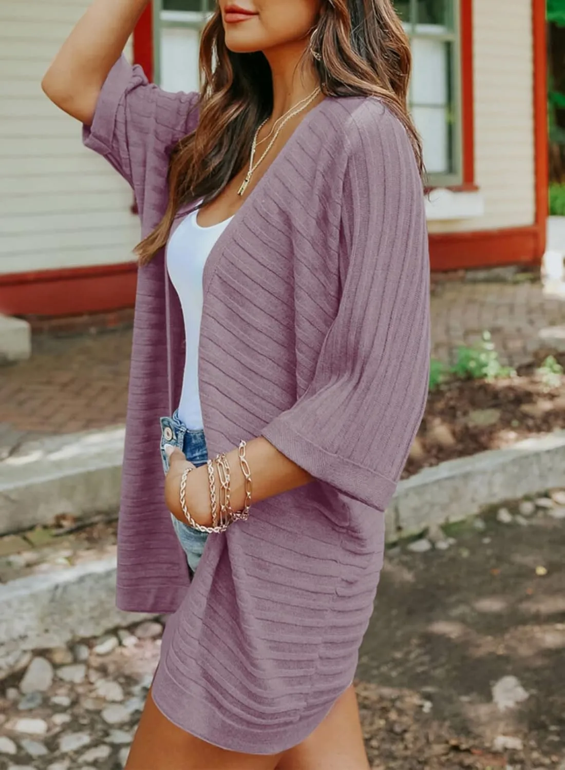 SHEWIN Women's Casual 3/4 Short Sleeve Open Front Lightweight Cable Knit Kimono Cardigan Sweaters