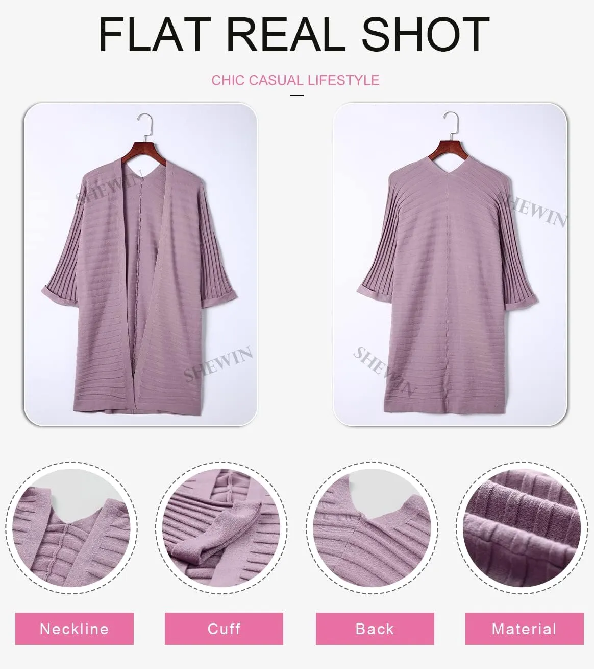 SHEWIN Women's Casual 3/4 Short Sleeve Open Front Lightweight Cable Knit Kimono Cardigan Sweaters