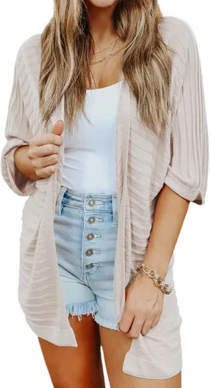 SHEWIN Women's Casual 3/4 Short Sleeve Open Front Lightweight Cable Knit Kimono Cardigan Sweaters
