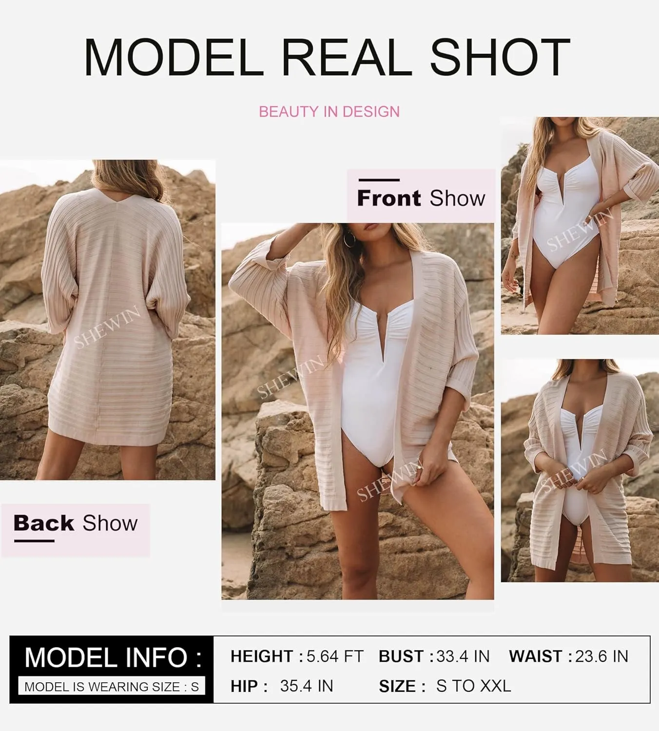 SHEWIN Women's Casual 3/4 Short Sleeve Open Front Lightweight Cable Knit Kimono Cardigan Sweaters