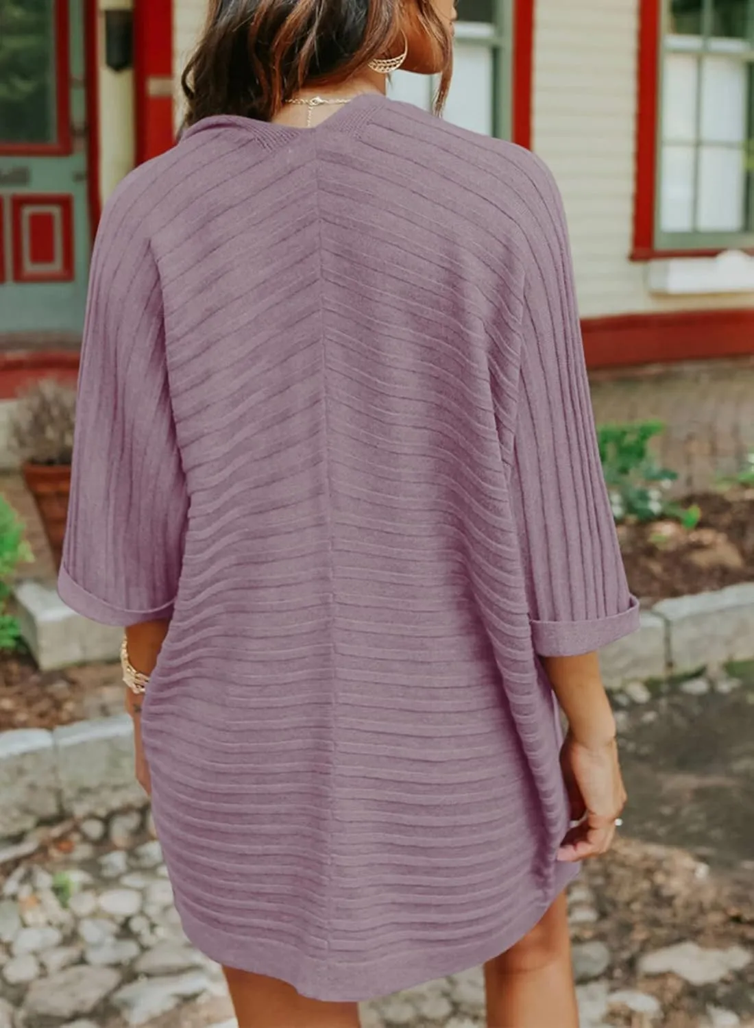 SHEWIN Women's Casual 3/4 Short Sleeve Open Front Lightweight Cable Knit Kimono Cardigan Sweaters