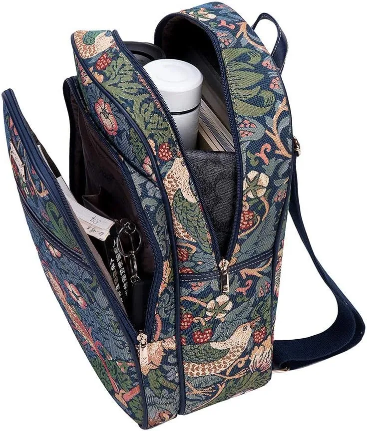 Signare Tapestry Backpack for Women Computer Rucksack Knapsack bookbags for women In William Morris Strawberry Thief Blue Design (BKPK-STBL)