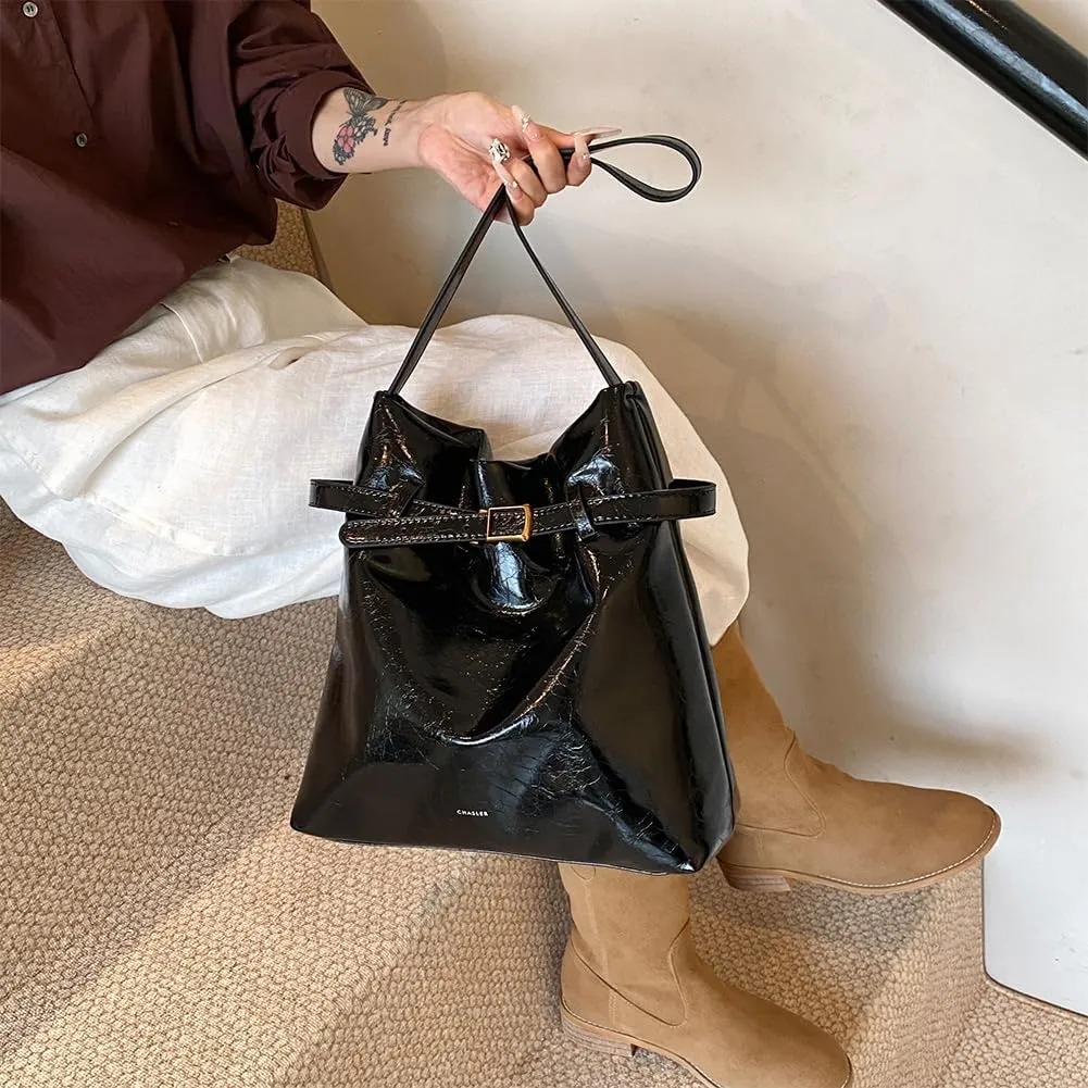 Slouchy Hobo Bucket Bag for Women PU Leather Shopper Tote for Work Travel Satchel Shoulder Bag Black/White/Red/Brown