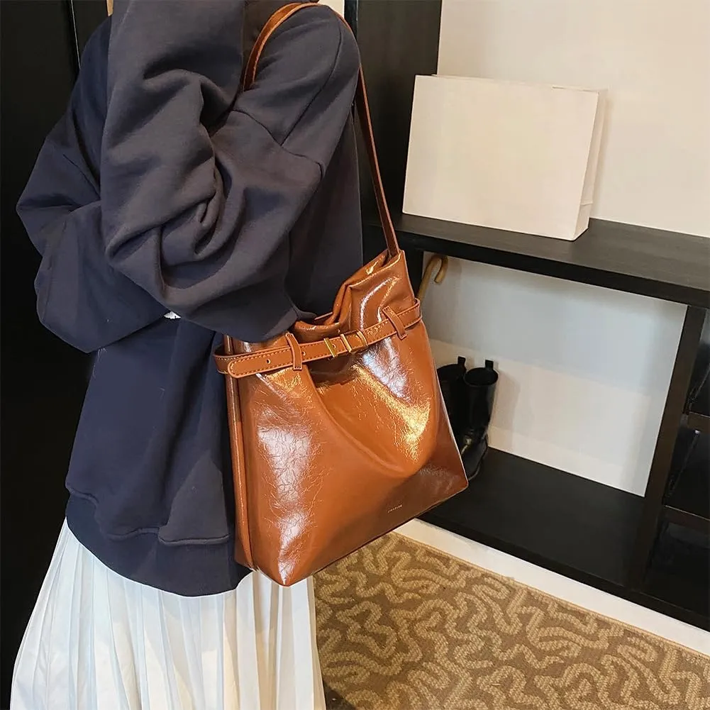 Slouchy Hobo Bucket Bag for Women PU Leather Shopper Tote for Work Travel Satchel Shoulder Bag Black/White/Red/Brown