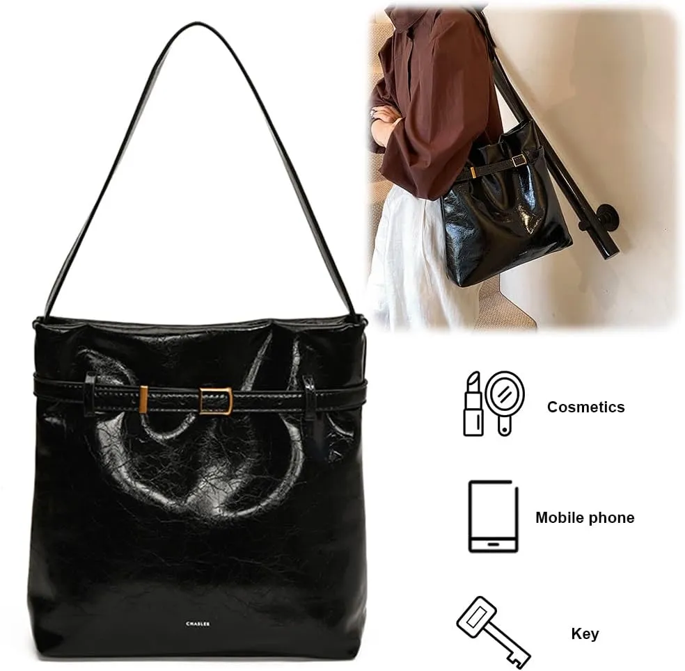 Slouchy Hobo Bucket Bag for Women PU Leather Shopper Tote for Work Travel Satchel Shoulder Bag Black/White/Red/Brown