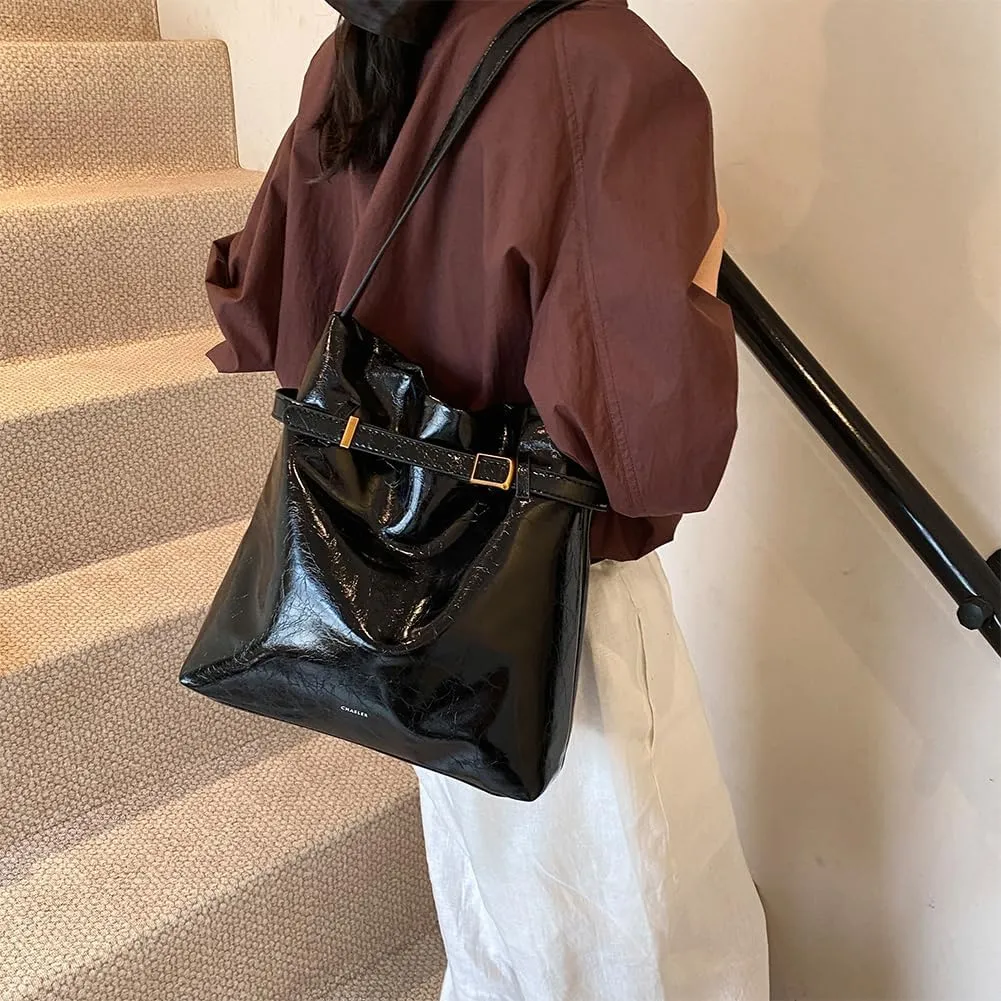Slouchy Hobo Bucket Bag for Women PU Leather Shopper Tote for Work Travel Satchel Shoulder Bag Black/White/Red/Brown