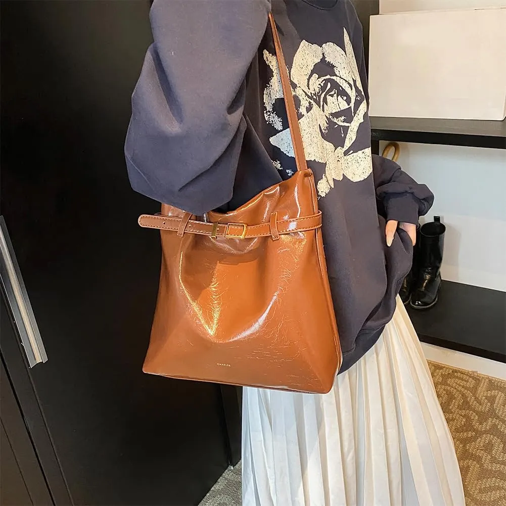 Slouchy Hobo Bucket Bag for Women PU Leather Shopper Tote for Work Travel Satchel Shoulder Bag Black/White/Red/Brown