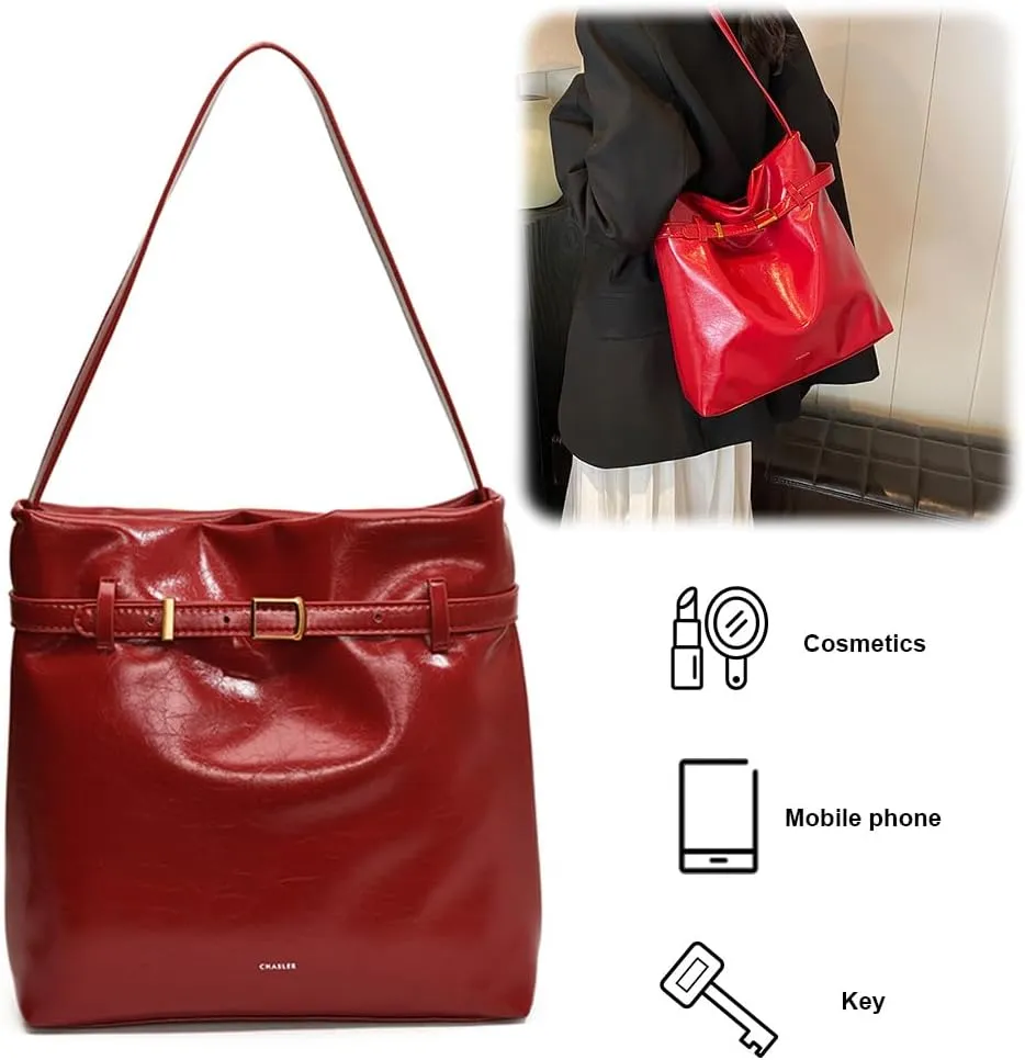 Slouchy Hobo Bucket Bag for Women PU Leather Shopper Tote for Work Travel Satchel Shoulder Bag Black/White/Red/Brown