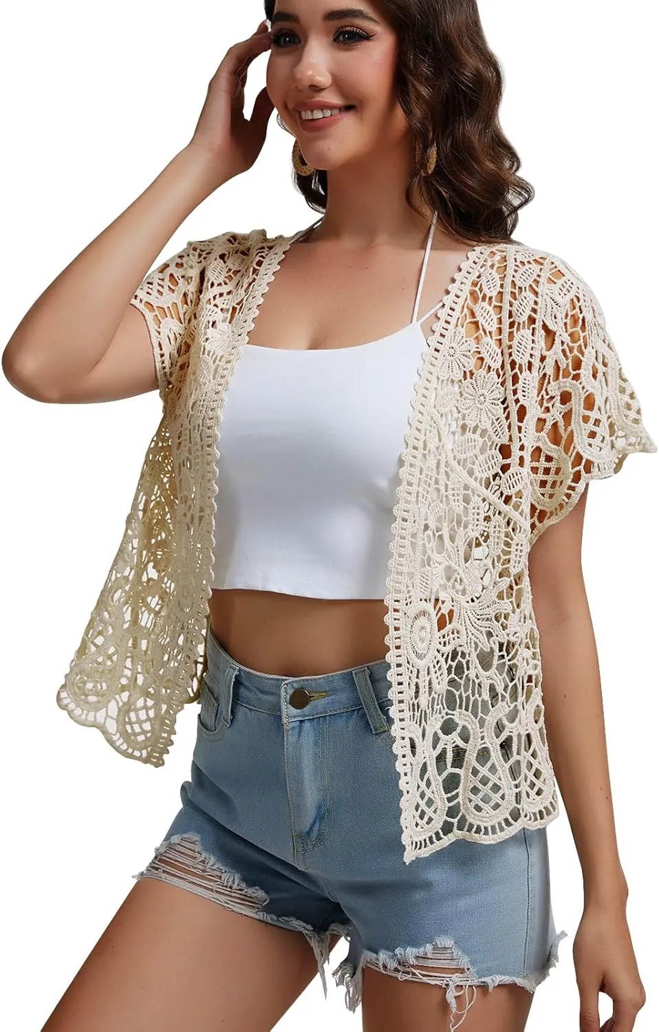 SMDPPWDBB Womens Short Sleeve Lace Shrugs Bolero Cardigan Crochet Sheer Crop Jacket